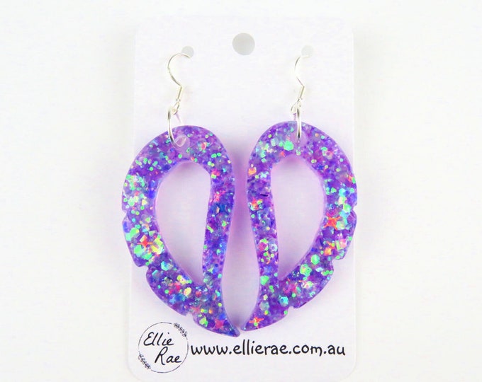 Purple Iridescent Chunky Glitter Resin Angel Wing Dangle Earrings