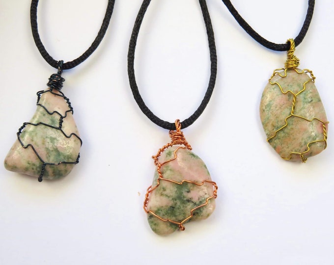 Thulite Wire Wrapped Genuine Crystal Gemstone Pendant Necklace