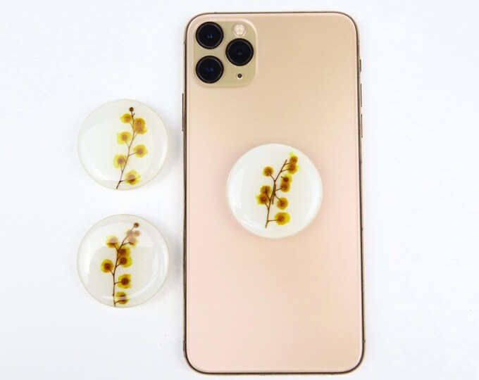 Yellow Wattle Pressed Flower Resin Pop Socket