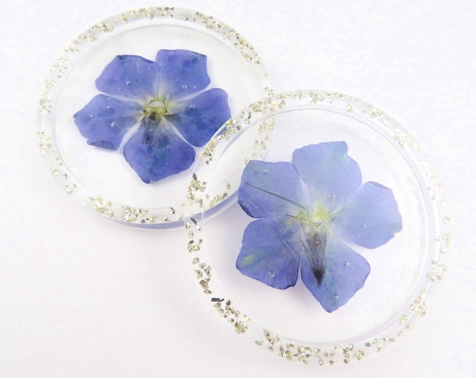 Purple and Silver Pressed Flower Clear Resin Coasters