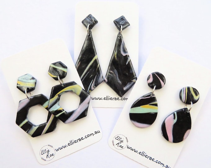 Black and Pastel Marbled Polymer Clay Dangle Stud Earrings