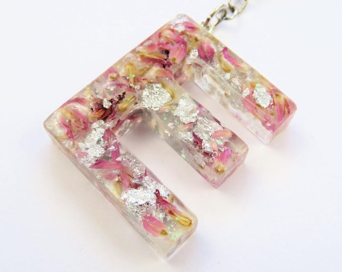 Resin Letter Keychains with Silver Foil and Pink and White Dried Flowers
