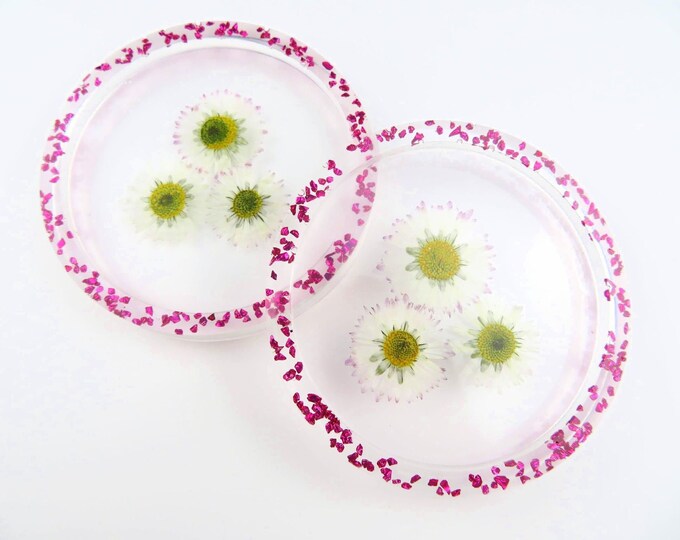 White and Pink Pressed Flower Clear Resin Coasters