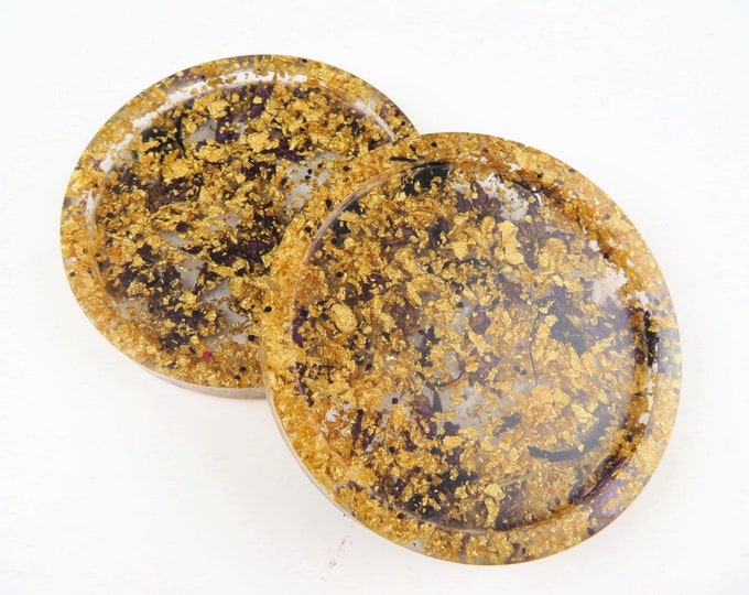 Gold Foil Flake and Purple Dried Flower Round Resin Coaster Set