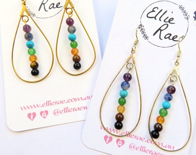 Chakra Genuine Crystal Gemstone Beaded Tear Drop Dangle Earrings