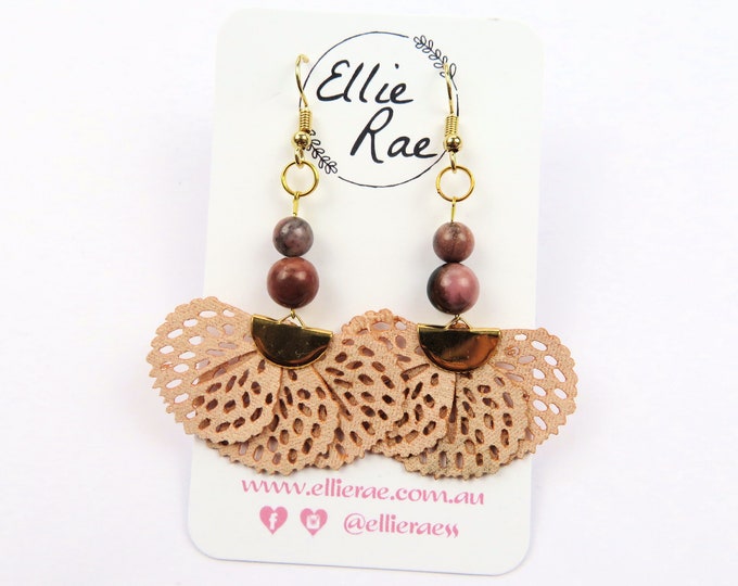 Rhodonite and Faux Leather Tassel Dangle Earrings
