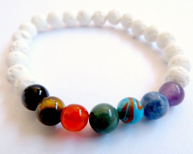Chakra Gemstone and White Lava Bead Bracelet
