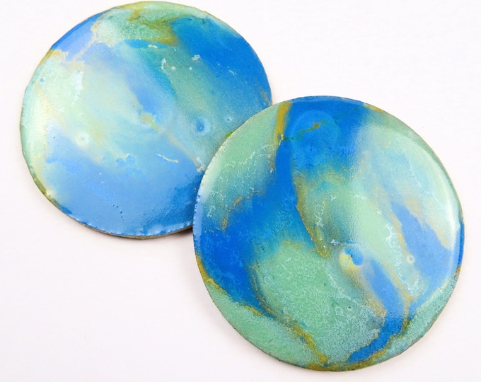 Blue Green Teal and Gold Ripple Resin Pearl Round Coaster Duo