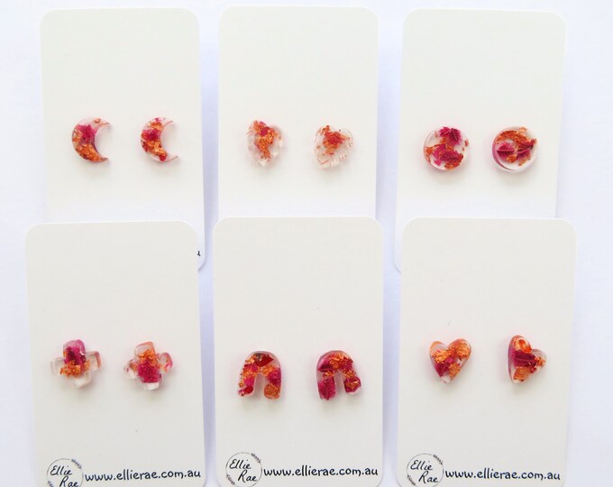 Dried Flower and Rose Gold Foil Flake Resin Chunky Bold Statement Stud Earrings