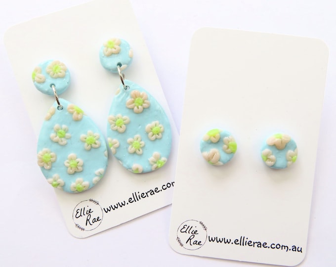 Pastel Blue and Daisy Polymer Clay Stud Dangle Earrings