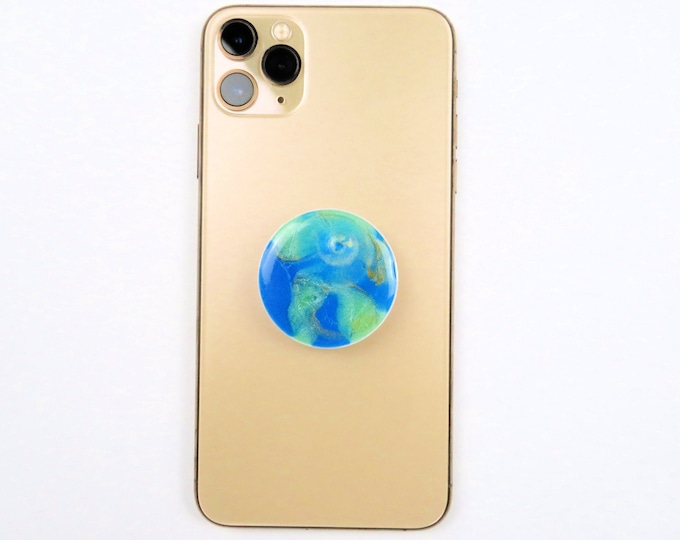 Blue Teal and Gold Ripple Pigment Resin Pop Sockets | Phone Grip Stand