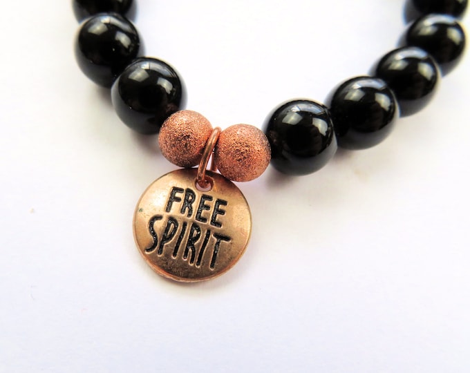 Genuine Black Obsidian Crystal Gemstone and Rose Gold "free spirit" Beaded Bracelet S-M