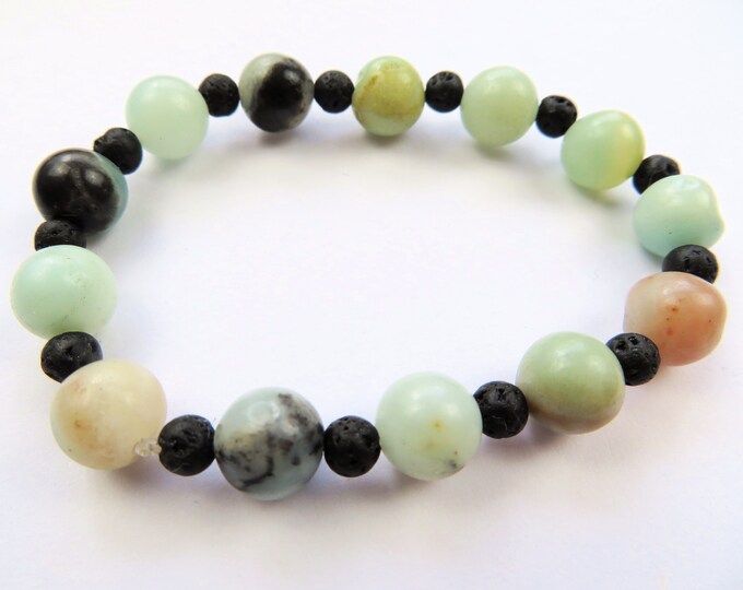 Genuine Amazonite Crystal Gemstone and Lava Bead Bracelet S-M