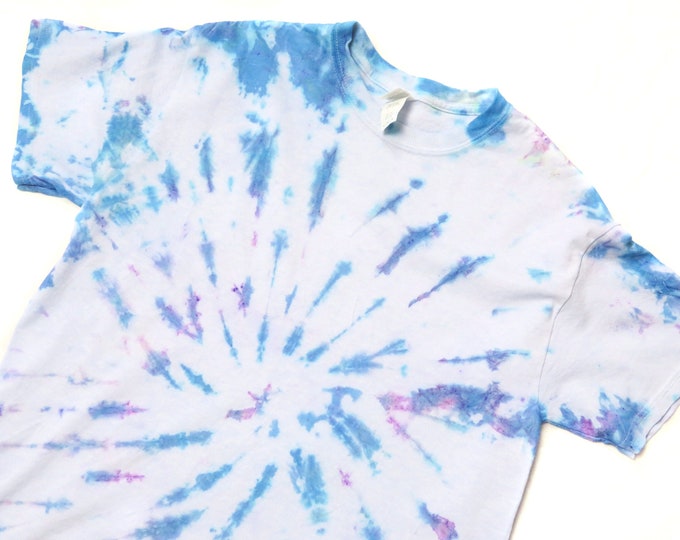 Blue, Purple and Green Tie Dye T Shirt | Top Shirt Spiral Dyed Colourful