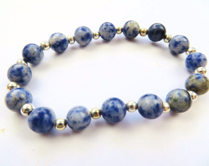 Genuine Sodalite Crystal Gemstone and Silver Beaded Bracelet M-L