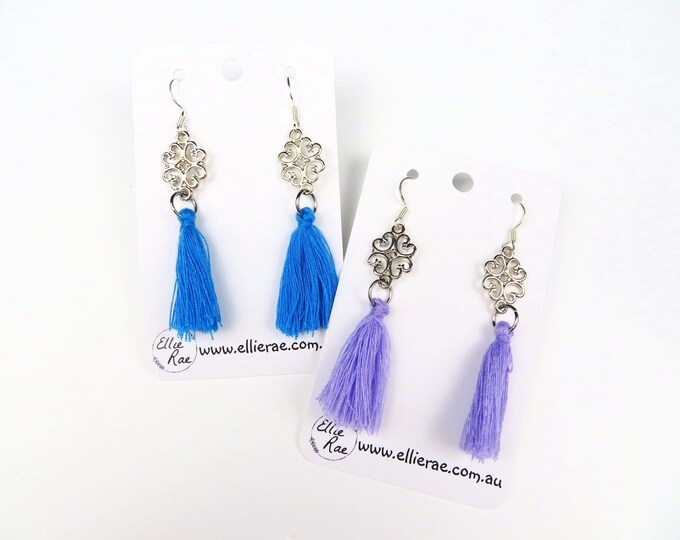 Silver Patterned Charm and Tassel Dangle Earrings