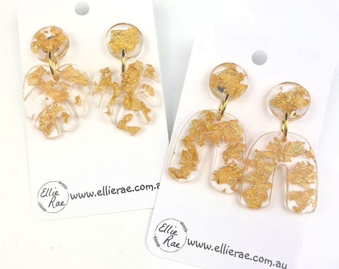 Gold Foil Flake Chunky Glitter Resin Stud Dangle Bold Statement Earrings