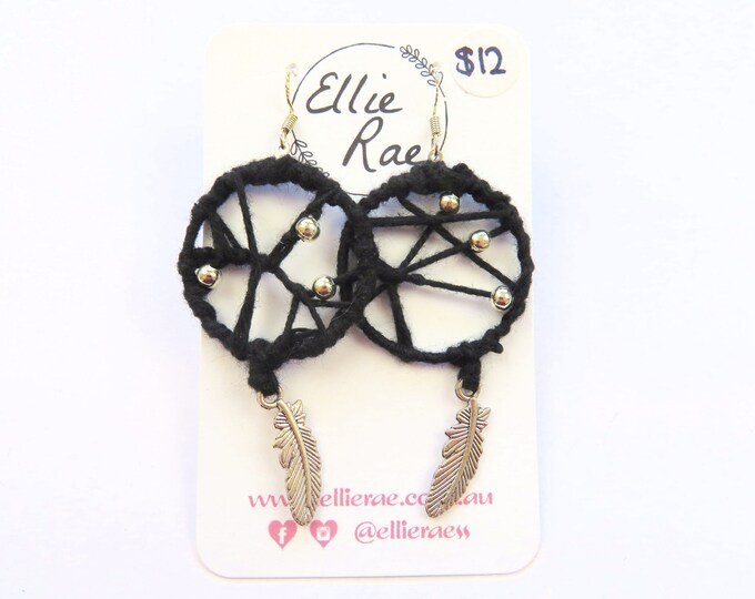 Black Dream Catcher Crochet Feather Earrings