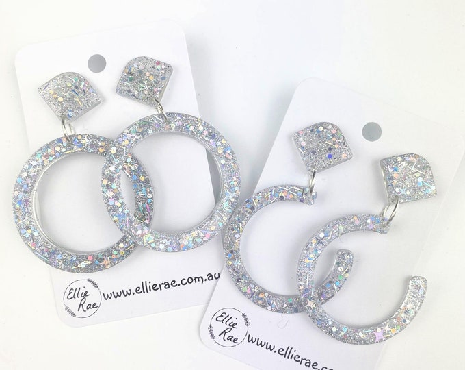 Silver Holographic Chunky Glitter Resin Stud Dangle Bold Statement Earrings