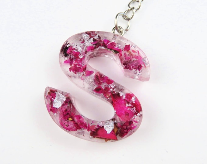 Resin Letter Keychains with Silver Foil and Pink  Dried Flowers