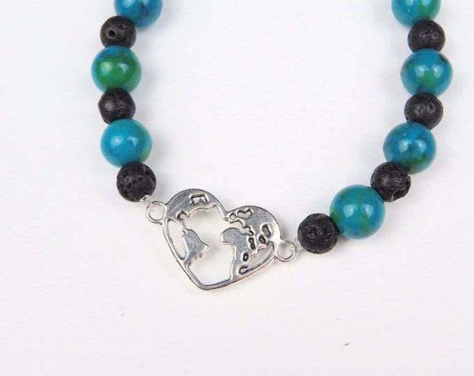 Azurite and Lava Stone Beaded Crystal Gemstone Bracelet with Silver Heart World Charm