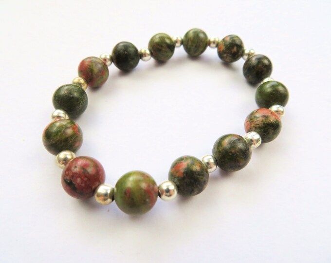 Genuine Unakite Crystal Gemstone and Silver Beaded Bracelet M-L