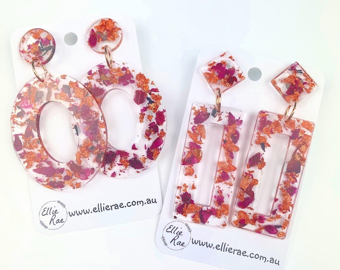 Pink Dried Flower and Rose Gold Foil Flake Resin Stud Dangle Bold Statement Earrings