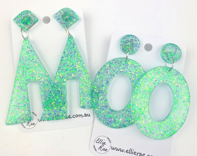 Mint Green Chunky Glitter Resin Stud Dangle Bold Statement Earrings