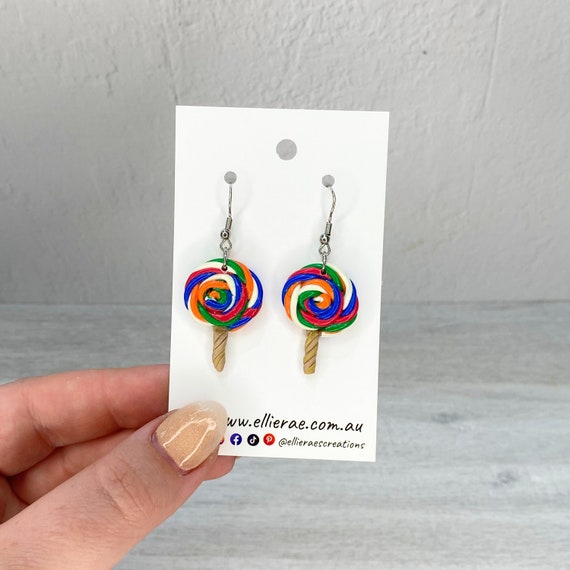 Rainbow Swirly Lolly Pop Polymer Clay Dangle Earrings