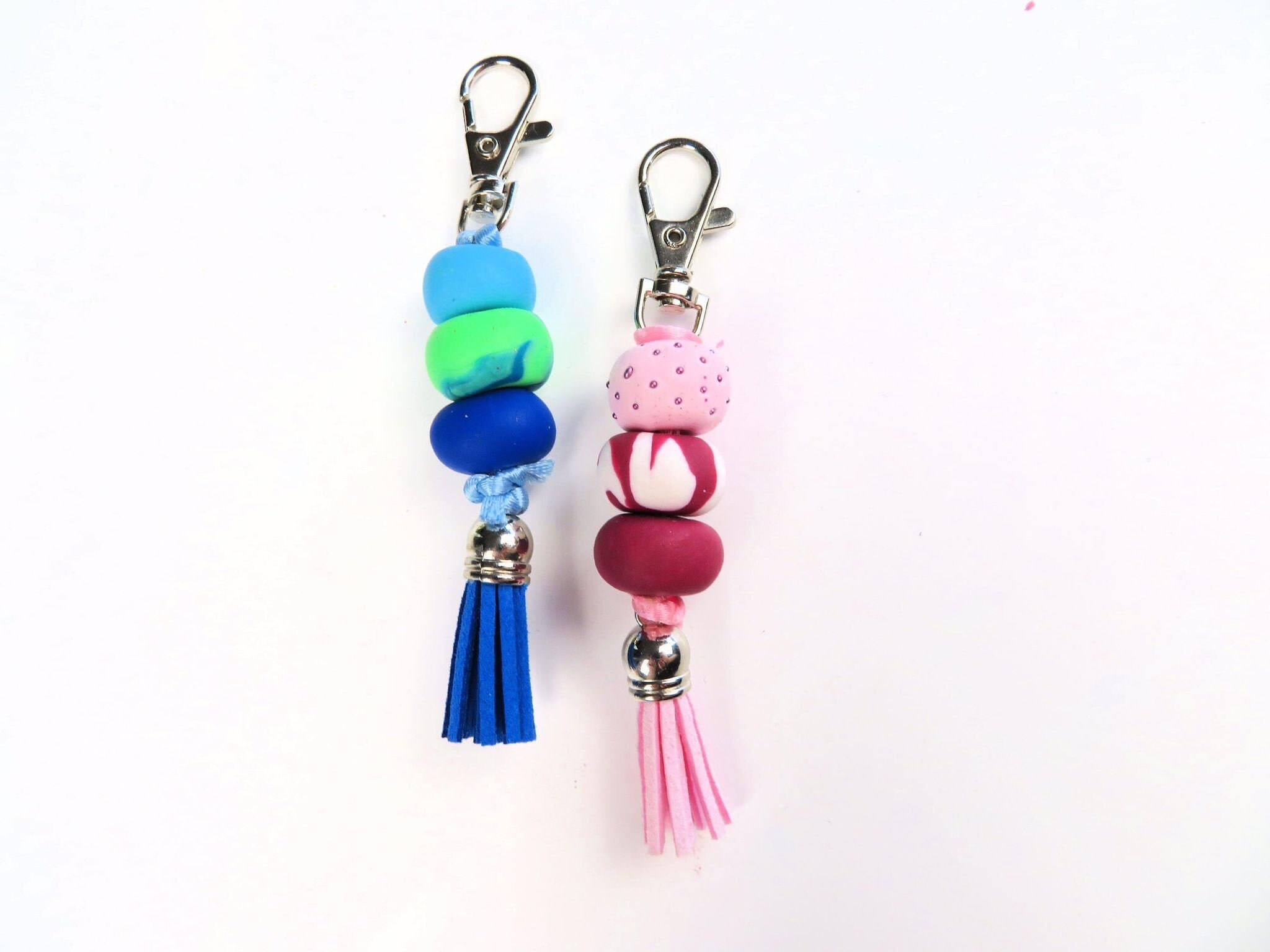Polymer Clay Beaded Keychains Cute Bead Tassel Pink Blue Etsy