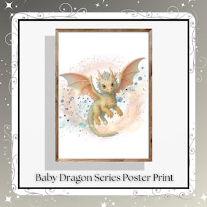 Flying Whimsical Baby Dragon Poster Print | Fantasy Nursery Wall Art | Cute Mythical Creature Decor | Kids Room, Gift for Dragon Lovers, orb