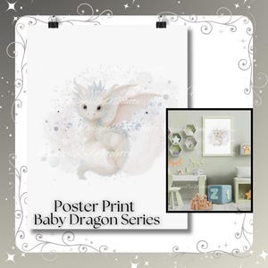 White Whimsical Baby Dragon Poster Print | Fantasy Nursery Wall Art | Cute Mythical Creature Decor | Kids Room, Gift for Dragon Lovers