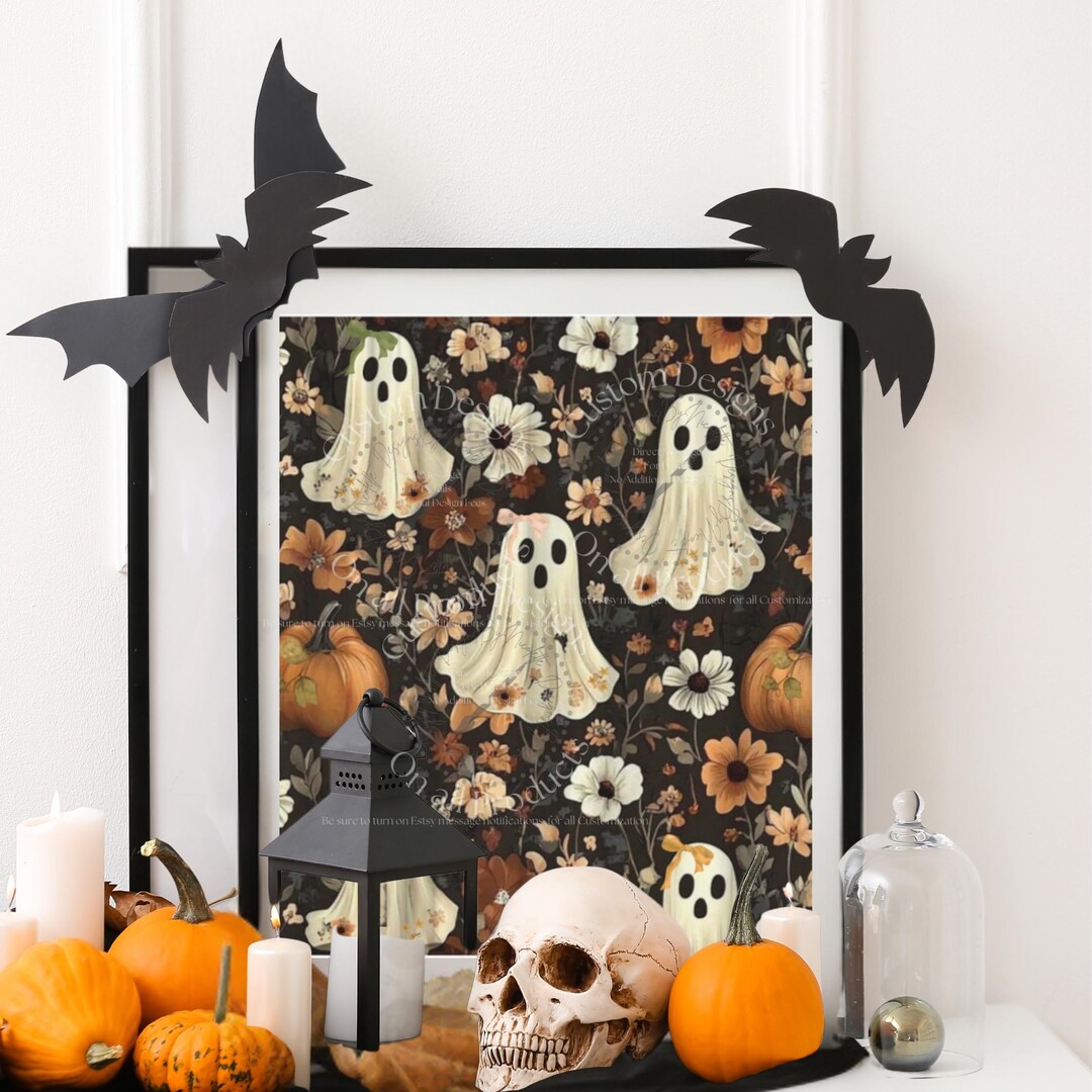 Poster, Moody Dark Cute Ghost With Bows and Floral Pumpkin Background ...