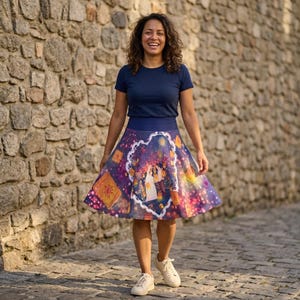 May include: A-line skirt with a vibrant print featuring a couple surrounded by floating lanterns. The skirt has a dark blue waistband and a white lace trim. The design includes orange and yellow lanterns, set against a purple and pink background.