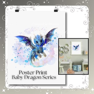 Impression d&#39;affiche fantaisiste de bébé dragon – art mural fantaisie pour chambre de bébé, décoration de chambre d&#39;enfants, série dragon magique pour cadeau de baby shower | Bleu volant