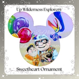 Pixar Up Wilderness Explorers Handpainted Christmas Ornament / mini painting Adventure Is Out There Kevin Carl Russel and Dug the dog
