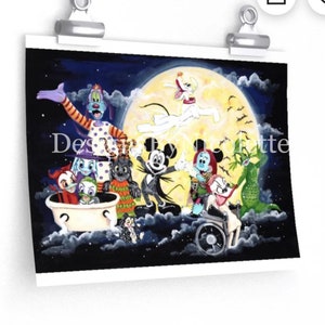 May include: A colorful illustration of various Disney characters dressed in Halloween costumes. The characters are standing in front of a full moon with bats flying in the sky. The characters include Mickey Mouse, Goofy, and a variety of other characters.