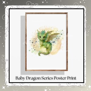 Green Whimsical Baby Dragon Poster Print | Fantasy Nursery Wall Art | Cute Mythical Creature Decor | Kids Room, Gift for Dragon Lovers