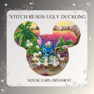 May include: Stitch the blue alien from Lilo & Stitch reads "Ugly Duckling" to a group of ducklings in a colorful mouse ears ornament.