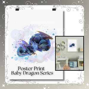 Whimsical Blue Baby Dragon Poster Print |  Fantasy Nursery Wall Art, Kids Room Decor, Magical Dragon Series for nursery room | playroom art