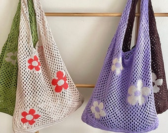 Crochet Floral Tote Bag | Crossbody Bag | Cute Tote Bag | Women's Tote Bag | Girls Tote Bag | Book Bag | Beach Bag | Aesthetic | Reusable |