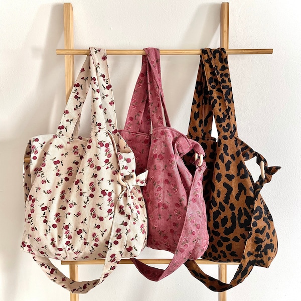 Corduroy Floral Pattern Shoulder Bag with Inner Pocket | Tote Bag Flowers | Cute Boho Gift | Girl's Women's | For Her | Minimalist | School