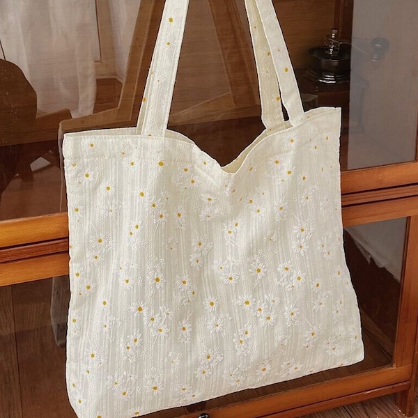 Floral Embroidery Tote Bag | Shoulder Bag | Women | Girls | Cute | Flowers | Reusable | Computer | Back to School | Gift Present | Canvas |