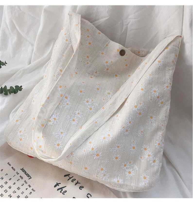 Daisy Embroidery Tote Bag Floral Shoulder Bag Cotton Etsy