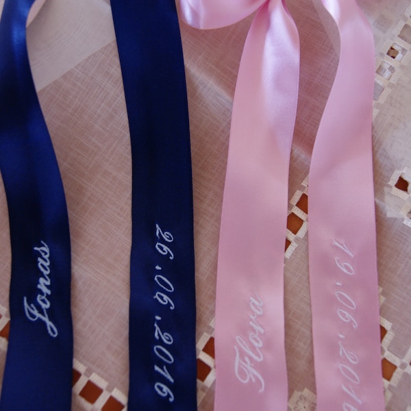 Satin ribbon, bow for christening dress embroidered