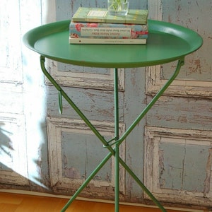 Side table JAMES vintage metal folding table round in shabby chic green