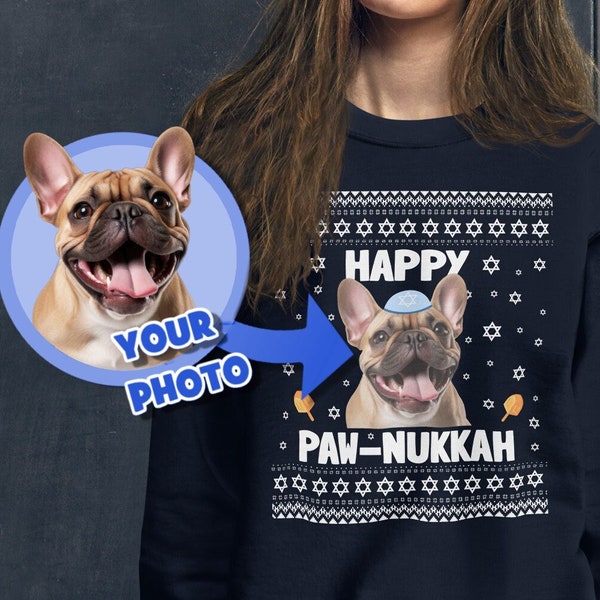 Happy Pawnukkah, Dog Ugly Hanukkah Sweater, Dog Photo Hanukkah Sweatshirt, Custom Hanukkah Gift for Dog Owners, Personalized Dog with Kippah