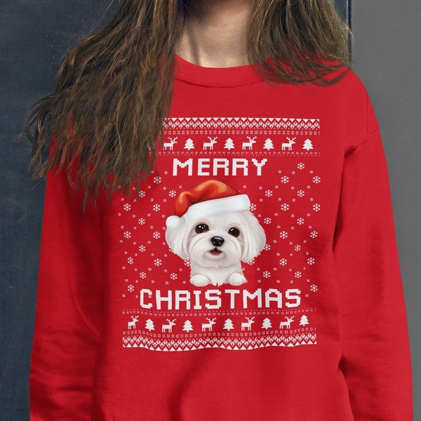 Maltese Christmas Sweater, Maltese Ugly Xmas Sweatshirt, Christmas Gift, Merry Maltesemas, Maltese Dog Jumper Holiday Gift 2024