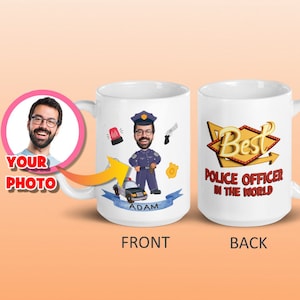 Gepersonaliseerde politieagent cartoon op mok, aangepaste politieagent foto karikatuur portret cadeau, grappige politie cadeau, beste politie mok