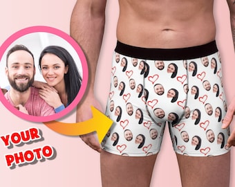 Custom Couple Photo Boxer Briefs with red Hearts and White Background showing you and your Boyfriend’s or Husband’s Face